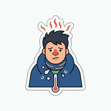 Sick man character with fever and thermometer sticker. EPS Editable