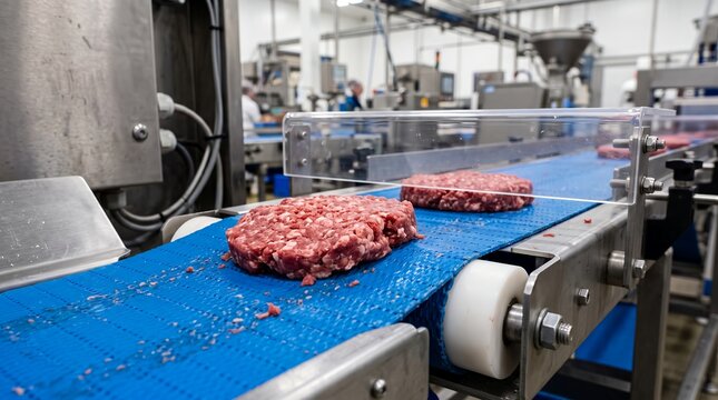 Raw meat patties moving along a blue conveyor belt inside a modern food processing plant during production showing automated industrial machinery and meat manufacturing equipment