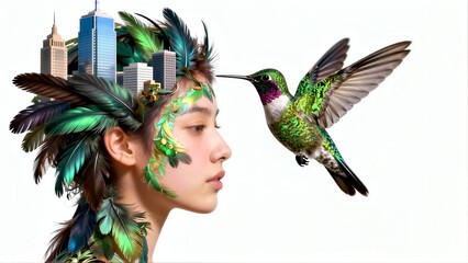 Fototapeta premium Woman's head adorned with feathers, hummingbird flies beside city skyline.