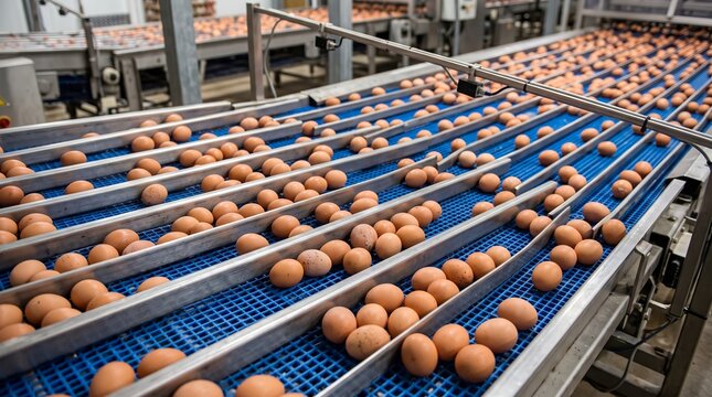 Thousands of brown chicken eggs moving along industrial conveyor belts inside a modern automated sorting facility highlighting poultry farming mass production and quality grading processes