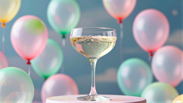 Champagne glass bubbles amidst colorful balloons, festive celebration scene.