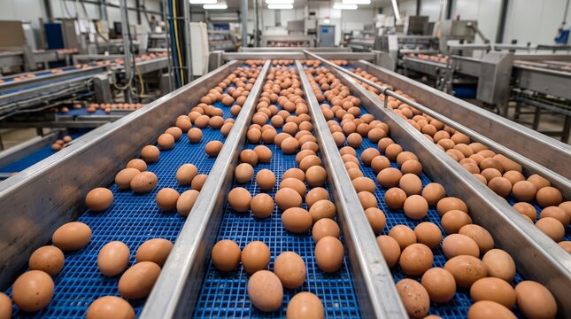 Thousands of brown eggs move along industrial conveyor belts inside a modern automated poultry processing facility showcasing mass production grading sorting and packaging systems