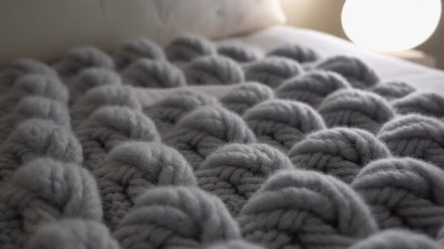 Cozy chunky grey knit blanket on a comfortable bed