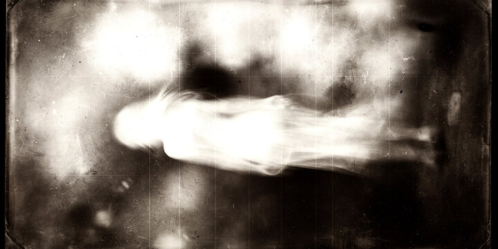 Ethereal ghostly figure glowing with light on a distressed, textured background for spooky or supernatural themes.