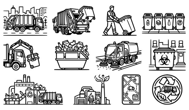 Garbage truck waste collection urban vector icons set municipal sanitation line art collection
