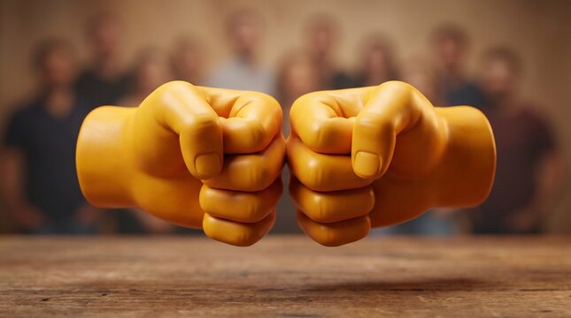 Golden clay fists prepare for a fist bump gesture on wood