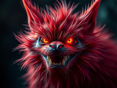 Furry crimson creature with glowing red eyes and sharp teeth, eerie, fantasy