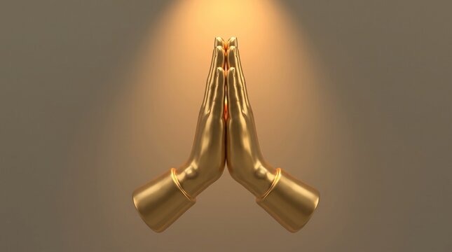 Golden hands pressed together in prayer pose 3d rendering