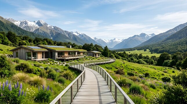 Eco Friendly Sustainable Resort with Green Roof and Wooden Walkway in Mountain Valley