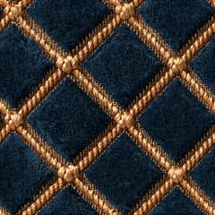 Obraz premium Seamless pattern blue velvet fabric creating a luxurious quilted diamond pattern, accentuated by golden braided cords. Elegant and rich texture