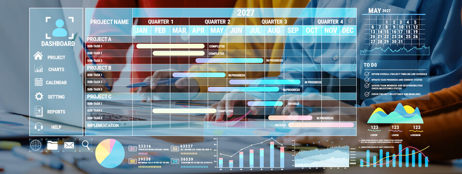 Project Management Dashboard with Gantt Chart, Data Analysis Graphs, and Team Collaboration Details for Workflow Optimization in Business Environment Fluxor.