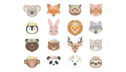 Obraz premium Cute forest animals cartoon face vector set with floral crown headbands for baby shower and nursery decor