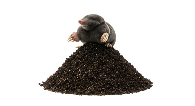 A small dark brown mole standing on of a large pile of dark soil, isolated on a white background, studio animal wildlife concept isolated on a transparent background