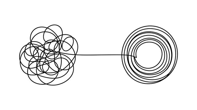 Abstract conceptual line art showing the transition from chaotic tangled scribble to organized orderly circular path