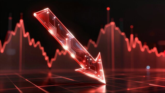 Red glowing arrow points down, symbolizing tech market decline against stock chart backdrop.