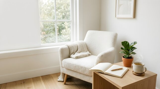 Cozy Minimalist Reading Nook with White Armchair Open Journal and Hot Tea