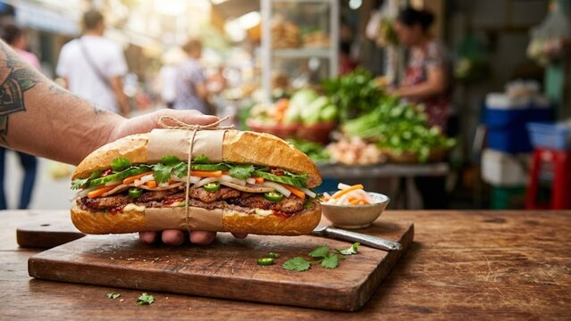 Vietnamese Banh Mi Sandwich with Grilled Pork and Vegetables - 1