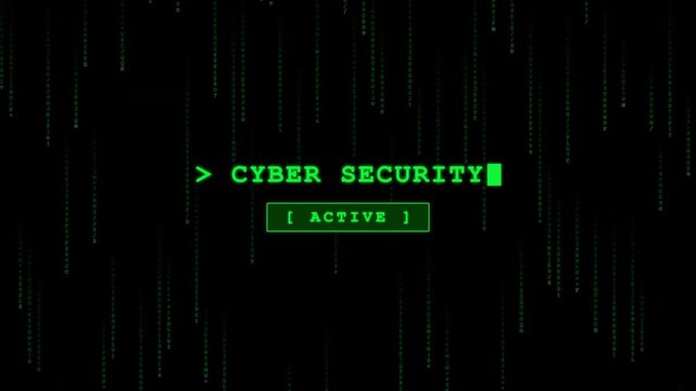 Cyber Security Active Text on Green Digital Matrix Code Rain Background