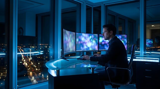 Engineer monitoring complex data systems in a dark modern high tech control room during the night shift with dark office