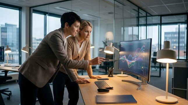Business professionals collaborating on a data visualization project in a modern office using a large computer monitor with business coll