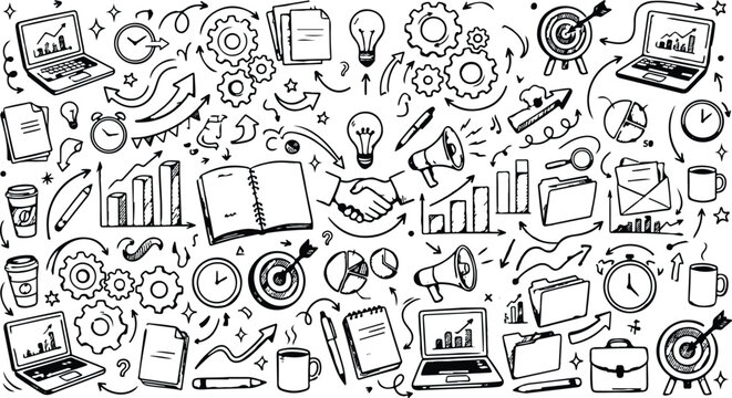 A hand drawn doodle style collection of business technology and education related elements and icons