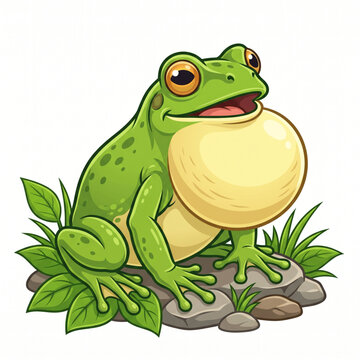 Cute Green Tree Frog Croaking with Inflated Vocal Sac Vector Illustration Isolated on White. 