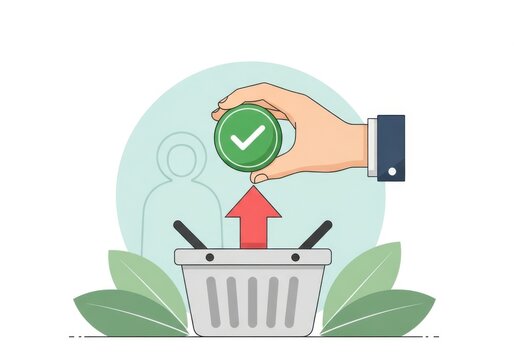 Hand placing a green checkmark button into a shopping basket