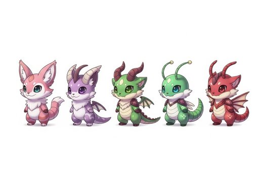 Set of cute fantasy baby dragons, colorful mythical creatures, digital art character design