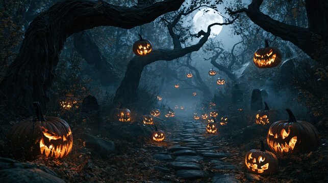 Spooky halloween pumpkins glowing in a dark eerie forest with full moon at night