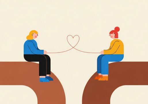 Two women sitting on cliffs connected by a red heartshaped string, love and connection concept