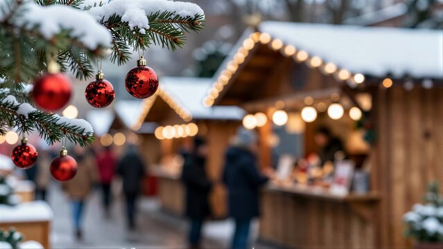 Snowy Christmas market with festive lights and red ornaments hanging from pine branches.