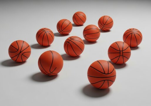 Set of multiple orange basketballs arranged on a plain surface