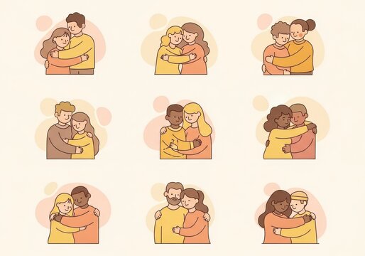 Set of diverse people hugging each other, expressing love, friendship, and support in flat style
