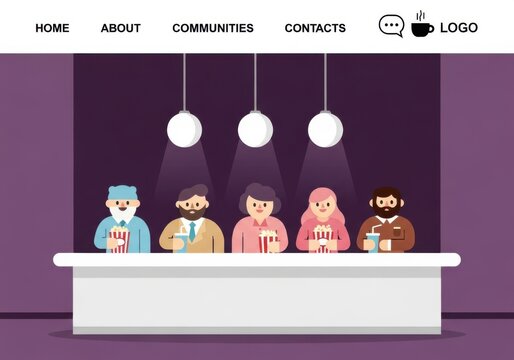Flat vector illustration of a group of diverse people holding popcorn and drinks at a cinema counter