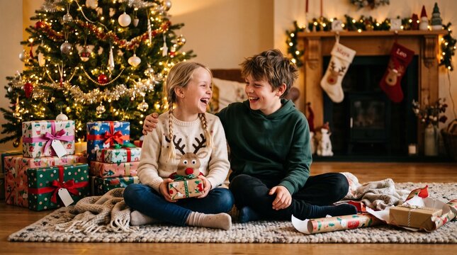 Joyful siblings share laughter and Christmas gifts by a decorated tree and fireplace