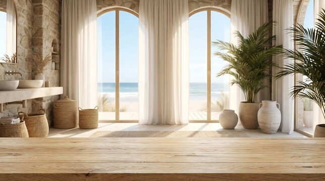 Empty Wooden Table in Luxury Coastal Bathroom Interior with Ocean View Background for Product Placement Display Mockup