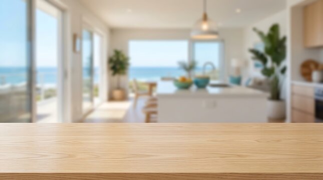 Wooden Table Countertop Foreground Mockup for Product Display with Blurred Modern Coastal Kitchen Interior Background