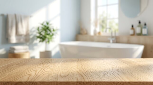 Empty wooden tabletop for product display in blurred modern bathroom background for spa wellness lifestyle mockup