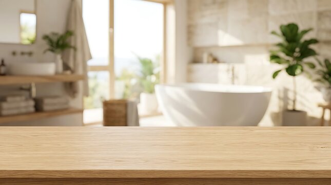 Empty wooden table top over blurred bathroom interior background with natural sunlight for product display and mockup.