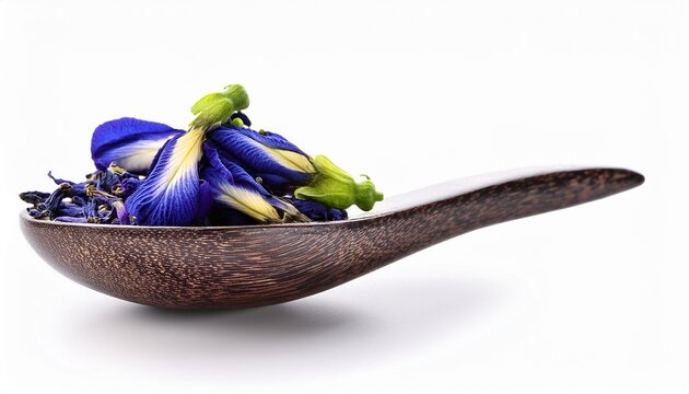 teaspoon with butterfly pea flower tea on white background