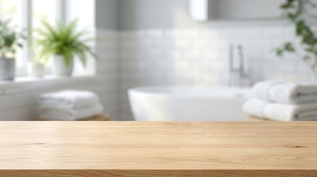 Empty wooden tabletop over blurred bathroom interior background for cosmetic product display mockup and presentation