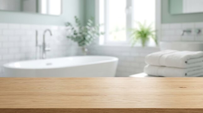 Empty wooden tabletop over blurred modern bathroom interior with white bathtub for product presentation mockup display set