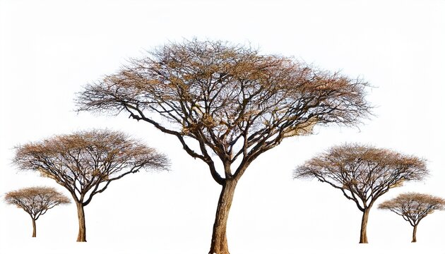 leafless bare trees isolated on white transparent sky deciduous plants in african savannah