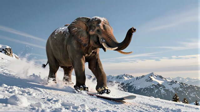 Snow elephant snowboards down mountain, majestic and whimsical against snowy peaks.