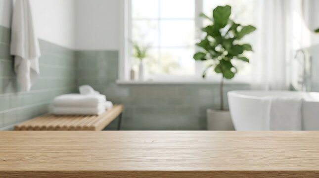 Wooden Table Surface in Modern Blurred Bathroom Background for Product Placement Display Mockup Presentation Spa Style