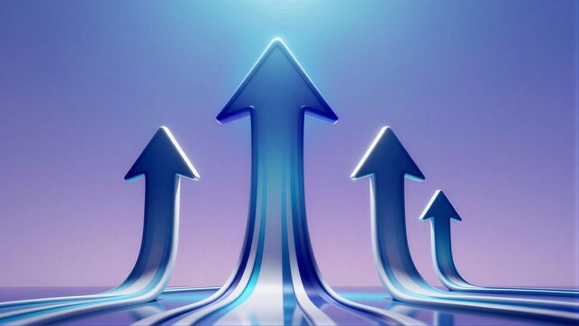 Three blue arrows rise upward, symbolizing growth and progress against a gradient background.