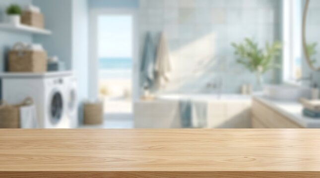 Empty wooden tabletop for product display in blurred bright coastal laundry room bathroom with beach view background
