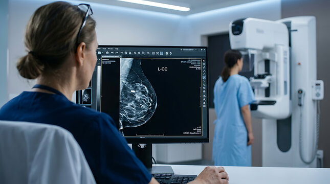 Radiologist analyzing mammogram results on computer screen in modern clinic with mammography machine