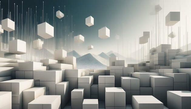 geometric shapes hover above a field of white cubes representing a structured foundation for digital architecture