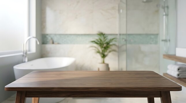 Empty Dark Wood Table Top in Blurred Luxury Bathroom Interior for Product Display Mockup Presentation and Advertising